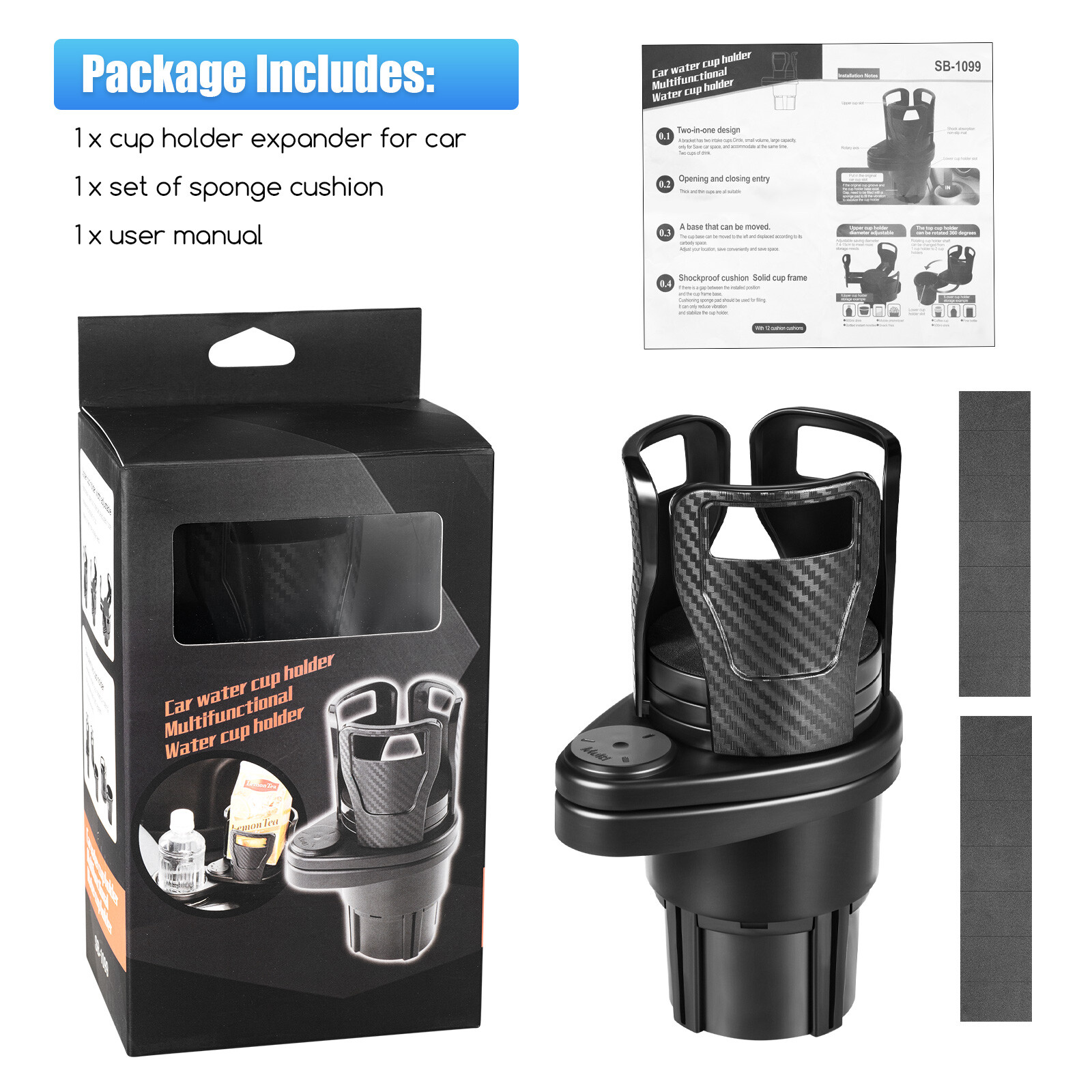 2 IN 1 Multifunction Car Double Cup Holder Expander Drink Holder 360&deg; Adjustable