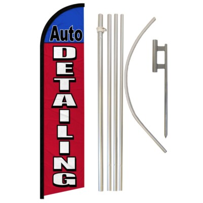 Auto Detailing Windless Banner Swooper Advertising Flag Pole Kit Mechanic RD/BL
