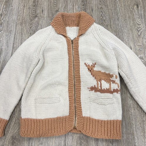 Vintage Hand Knit Cowichan Full Zip Sweater Reindeer Shawl Collar Sz Large Deer - Picture 2 of 7
