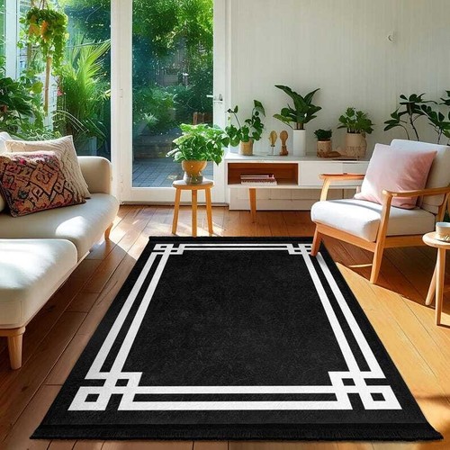 Black Geometric Framed Area Rug-White Double Border Mat-Elegant Livingroom Carpe - Picture 6 of 9