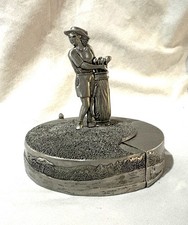 Pewter coaster set, female golfer on green, coasters are golf balls, unique, fun