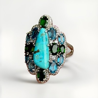 Schwerer Sterling Silber Ring Dornröschen Türkis, Blautopas & Peridot - 11 g