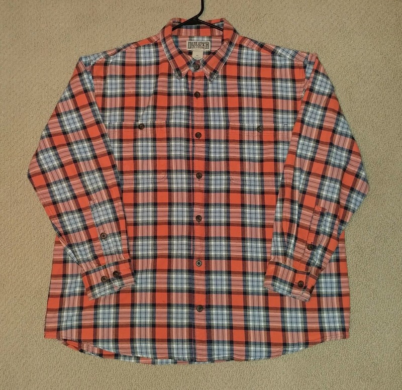 DULUTH TRADING MENS XL ORANGE BLUE PLAID OXFORD HEAVYWEIGHT COTTON LS SHIRT