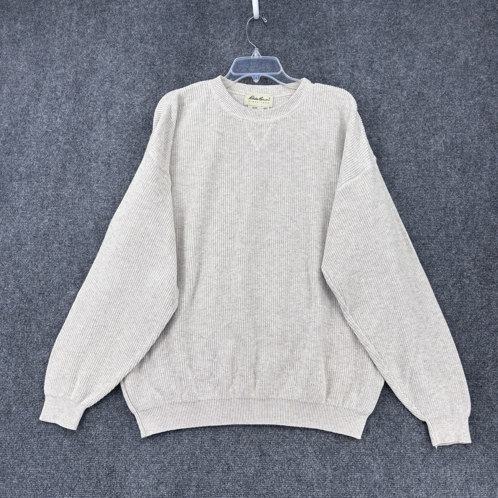 VINTAGE Eddie Bauer Beige Crew Neck Ribbed Knit Sweater Men’s Large Made In USA