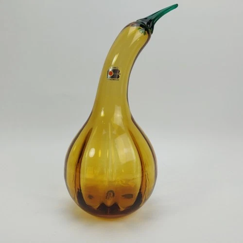 Blenko Blown Glass Yellow Amber Squash Gourd 10.5" Figurine with Green Stem