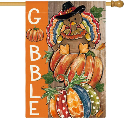 Fall Thanksgiving House Flag 28X40 Inch Double Sided Outside, Gobble Turkey Pump