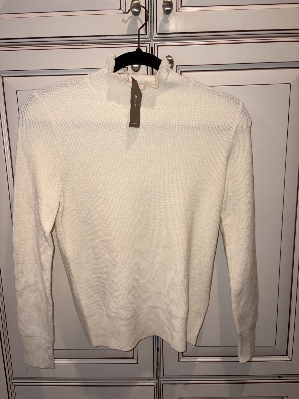 J. Crew women's ruffle-neck merino wool blend pullover sweater ivory XS
