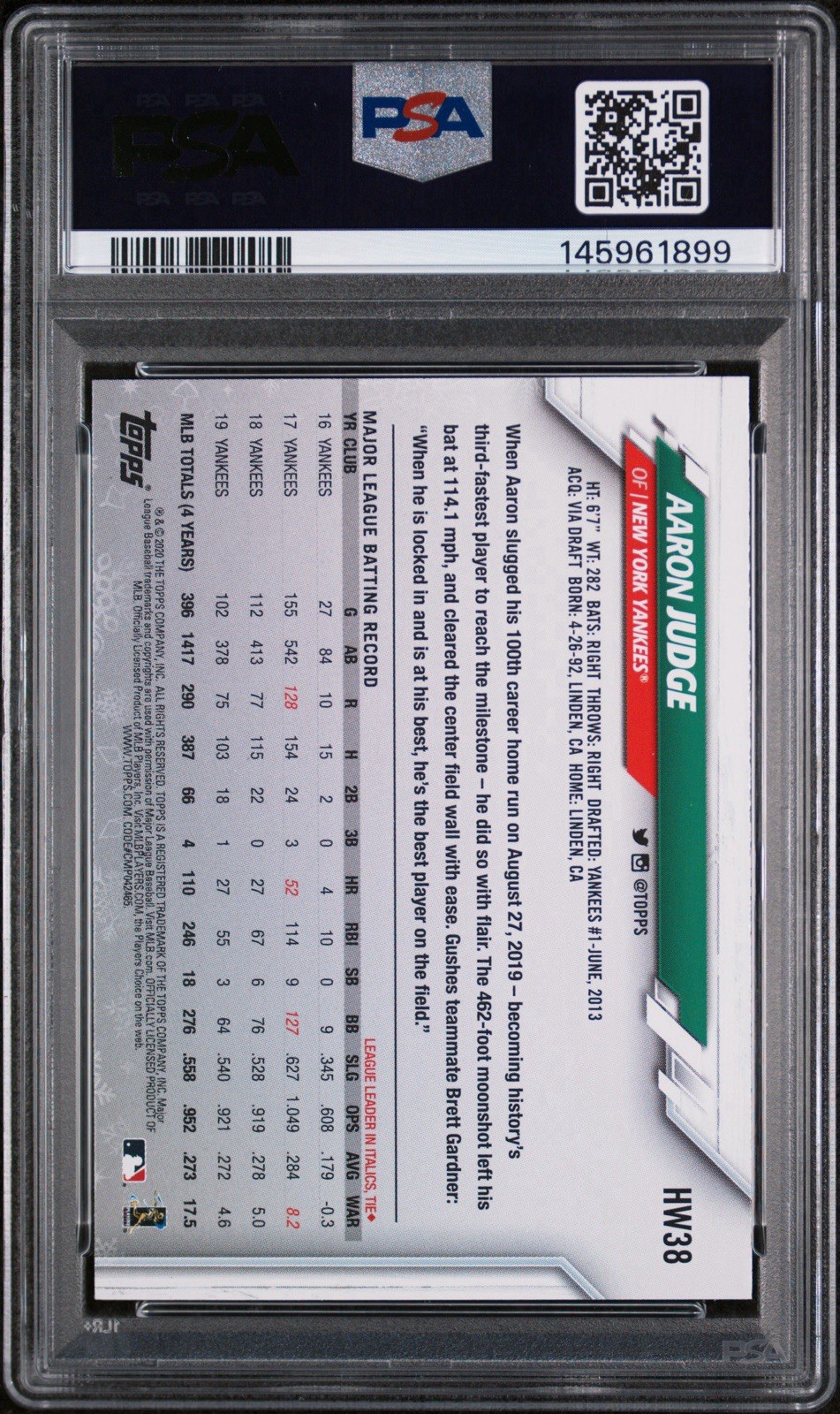 PSA 10 2020 Topps Holiday - Aaron Judge #HW38 Yankees GEM MINT LOW POP view 2