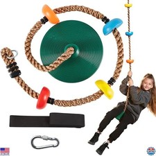 Tree Swing for Kids - Single Disc Seat with Climbing Rope  Carabiner - Green