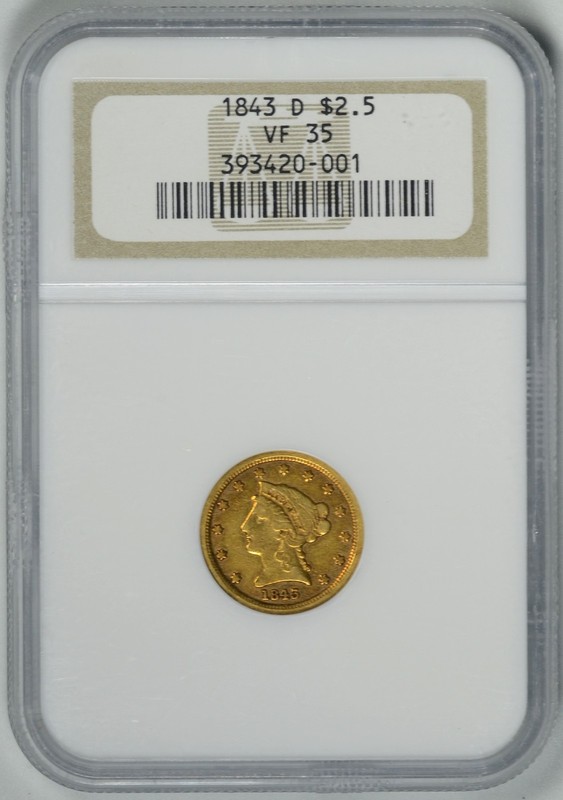 1843-D  $2.5  NGC  VF35  Gold Liberty  ~  Small D ~ Dahlonega Mint ~ #393420-001