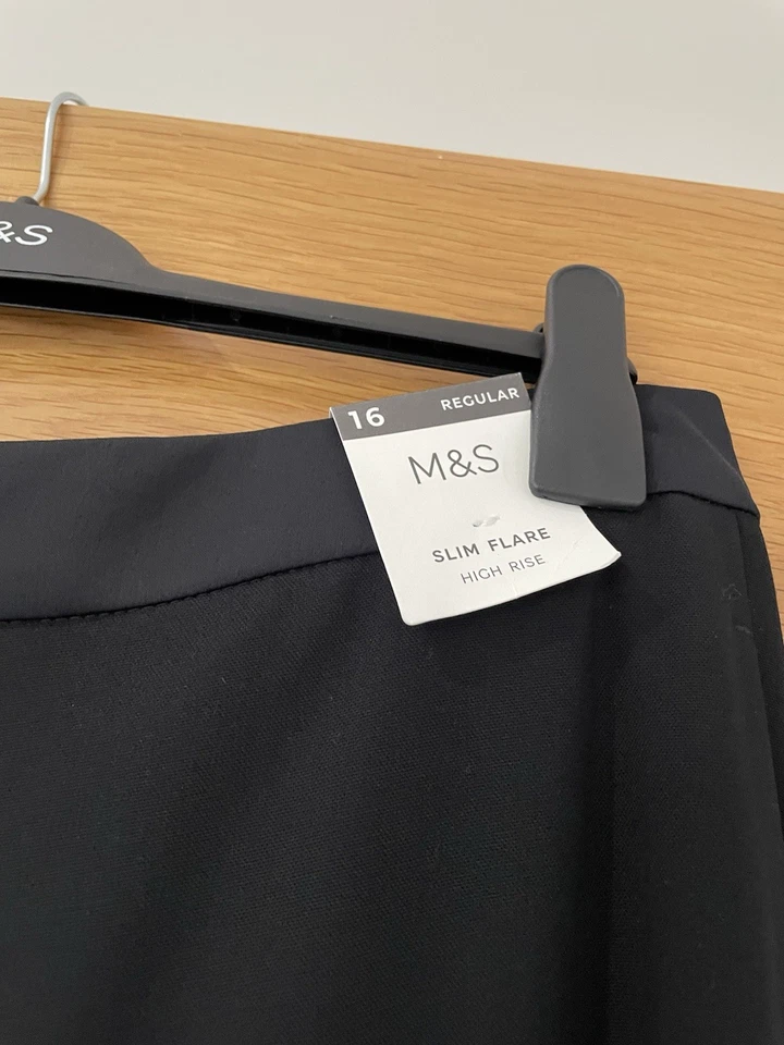 M&S Women’s Black Slim Flare Trousers With Satin Side Stripe UK16 Regular New - Image 3 of 4