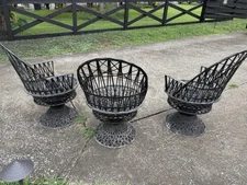 Vintage Russell Woodard Spun Fiberglass Swivel Dining Arm Chairs Set Wicker look