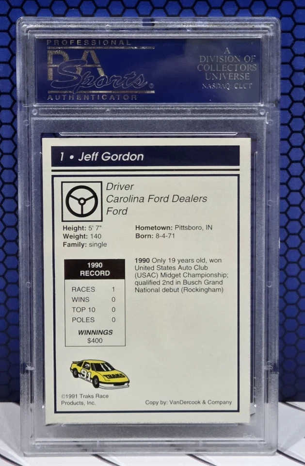 Tarjeta de novato Traks Jeff Gordon 1991 NASCAR #1 PSA 9 (como nueva) Foto 2 de 2