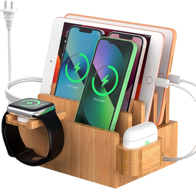Bamboo Charging Station for Multiple Devices with 5 Port USB Charger, 5 Cables,
