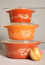 Vintage Kitchen 1970's Pyrex Autumn Harvest Wheat Casserole Dish x 3 -USA