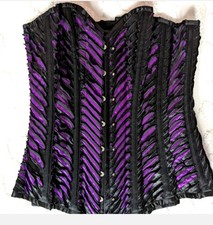 Gothic Steel Boned Overbust Corset 28 Purple Black Satin Ribbon Sriped Busk