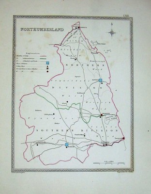 Original alter antiker Druck topographische Karte England Northumberland Newcastle