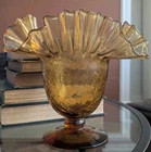 Vtg Mid Century Blenko Crackle Glass Vase 388 Crimped Ruffle Pedestal Amber