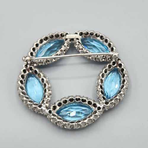 Vintage Sterling Silver Blue Aqua Marquise Glass Paste Round Wreath Brooch 25.4g - Picture 9 of 15
