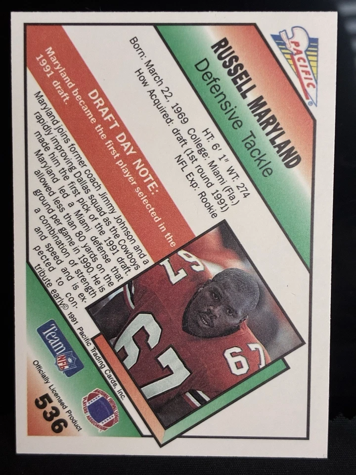 1991 Pacific - Russell Maryland #536 Red Highlight Line on Back (RC) - Image 2 of 2