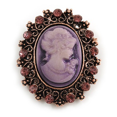 Vintage inspirierte filigrane ovale lila Kamee Kristall Brosche in Bronze Ton - 40 mm
