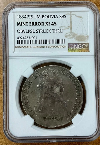 1834 pts LM Bolivia 8S NGC XF 45 MINT ERROR struck thru wire Could be unique