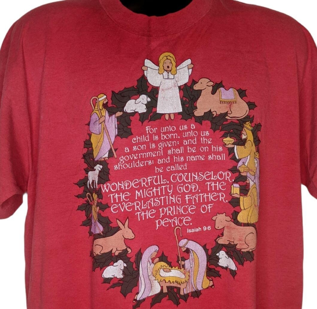 PONY Maglietta Natale Cristiana Vintage Isaia 9:6 Gesù Mangiatoia Taglia XL Made In USA