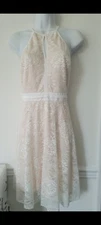  Women Ivory/Peach Lace Sleeveless  A-line Stretch Dress Romantic Wedding Sz 10