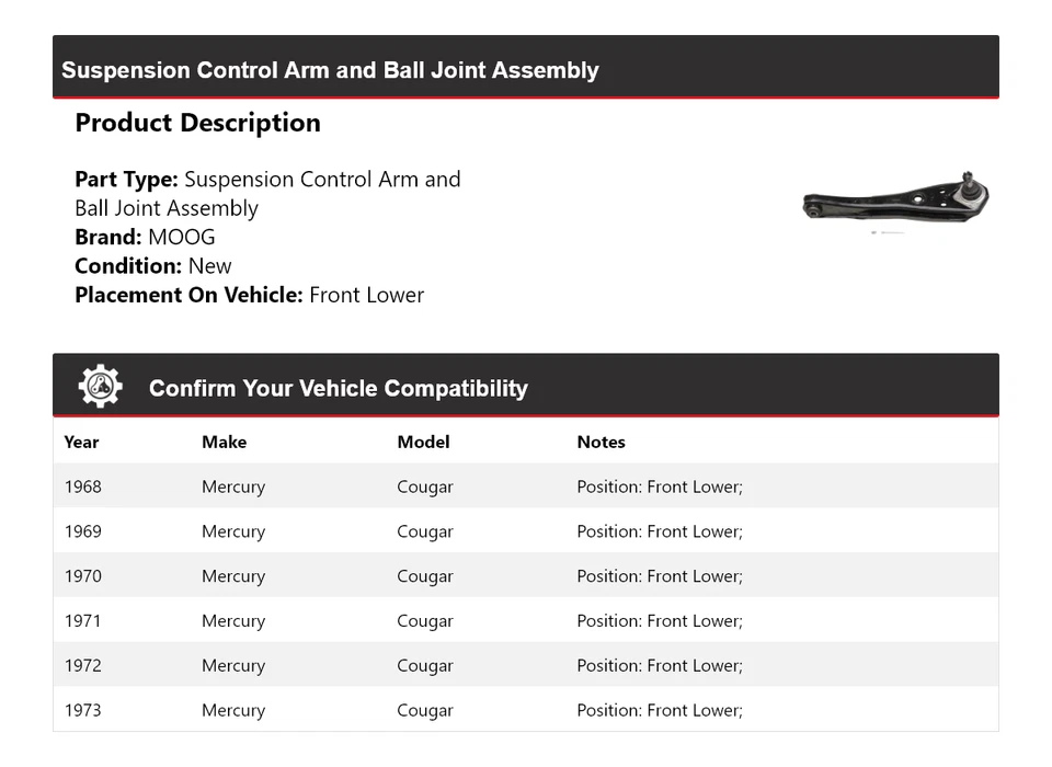 For 1968-1973 Mercury Cougar Control Arm Ball Joint Assy Front Lower MOOG - Image 2 of 4