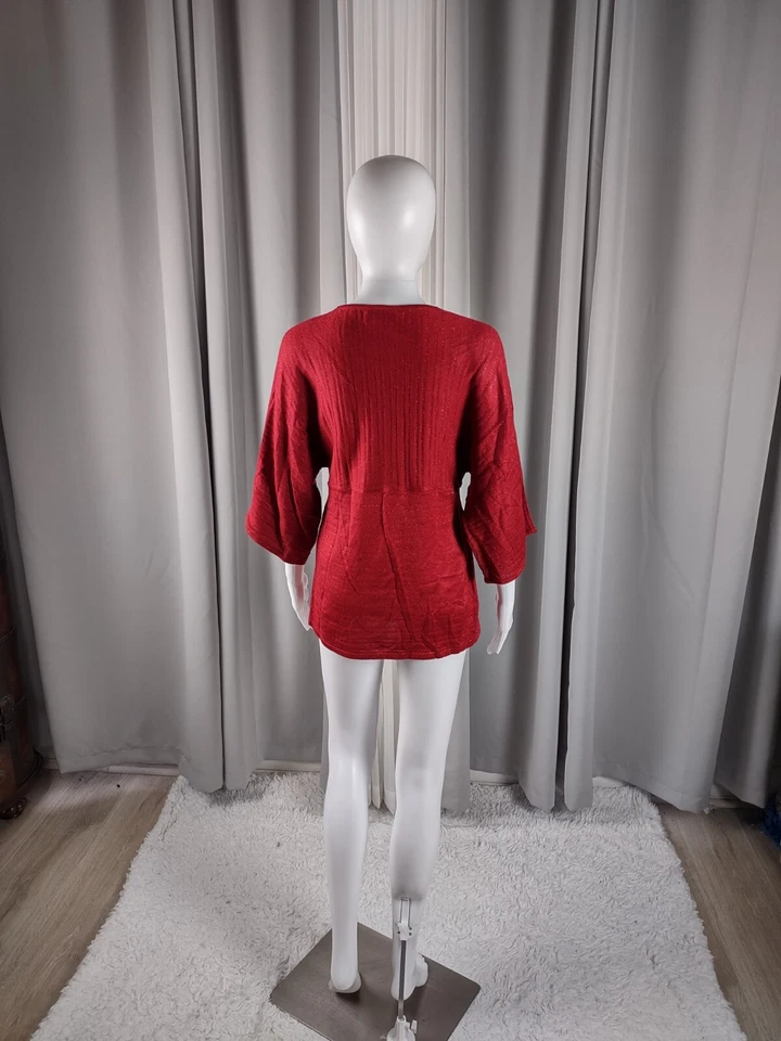 New York & Company Women's Red Sparkle V-Neck Elbow Sleeve Knit Top Size Small - Image 4 of 4
