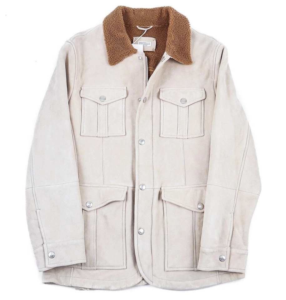 BRUNELLO CUCINELLI Ivory Lamb Shearling Fur Suede Parka Coat Jacket 48 EU Small - Image 2 of 4