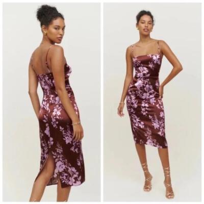 Reformation brown purple floral Oaklie silk knee length 100% silk dress  size 0 | eBay