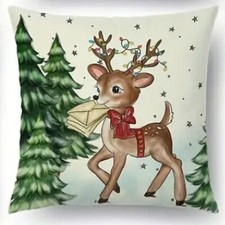 NEW CHRISTMAS DECOR DEER/FAWN DECORATED CHRISTMAS TREE LINEN PILLOW COVER 17.7"