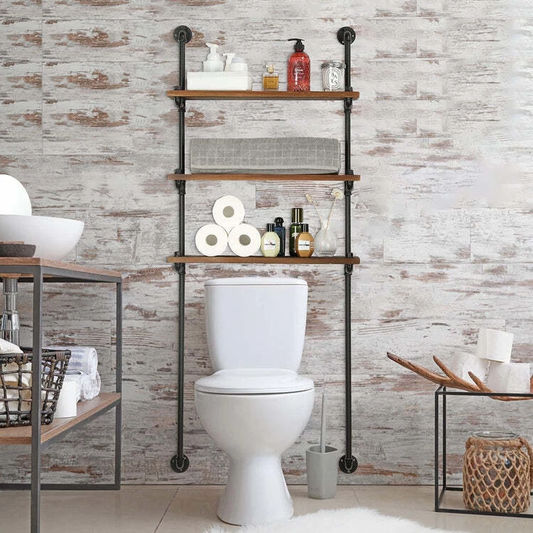 3 Tier Wall Mounted Burnt Wood Over The Toilet Storage Shelves with Metal Pipe