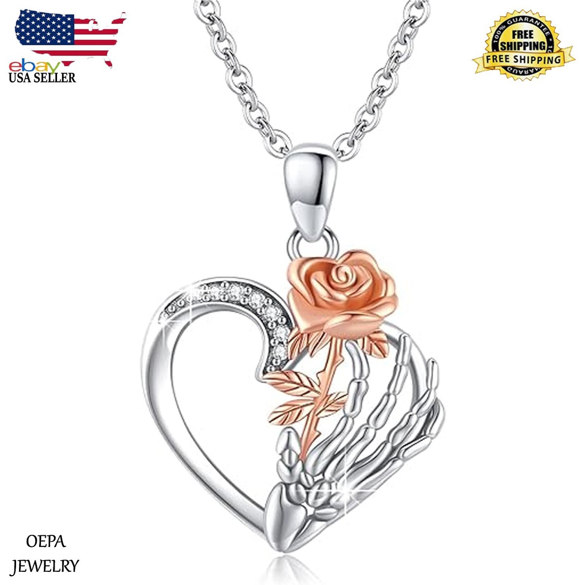 925 Sterling Silver Skeleton Hand Necklace Rose Hand Heart 
