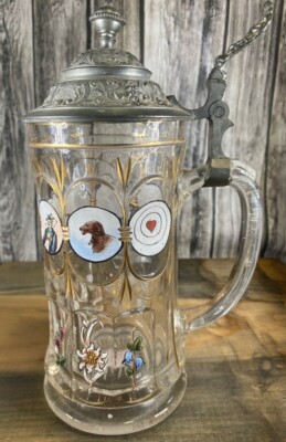 ANTIQUE HAND PAINTED STORY PANELS GLASS BEER STEIN WITH PEWTER LID 0.5L