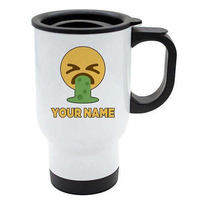 Personalised Face Emoji White Travel Mug - Vomit - Sick - Add Your Name - Reusab