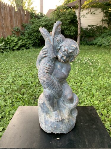 Vintage Henri Studios Cement Water Fountain Statue Serpent Boy Koi 19 Inch - Afbeelding 1 van 10