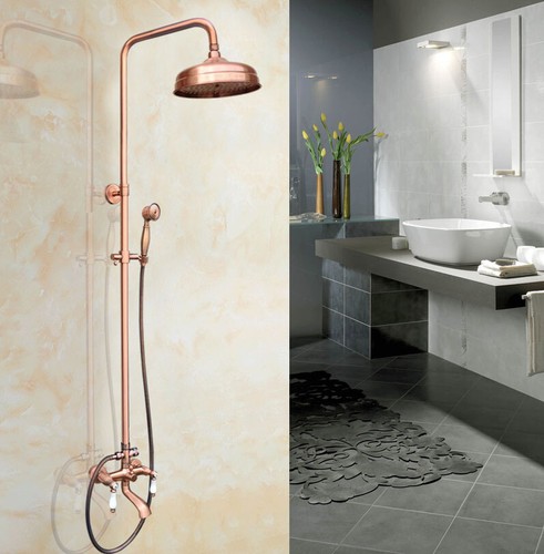 Wall Mounted Red Copper 8" Rainfall Shower Set Tub Faucet W/ Handheld Spray - Imagen 4 de 7