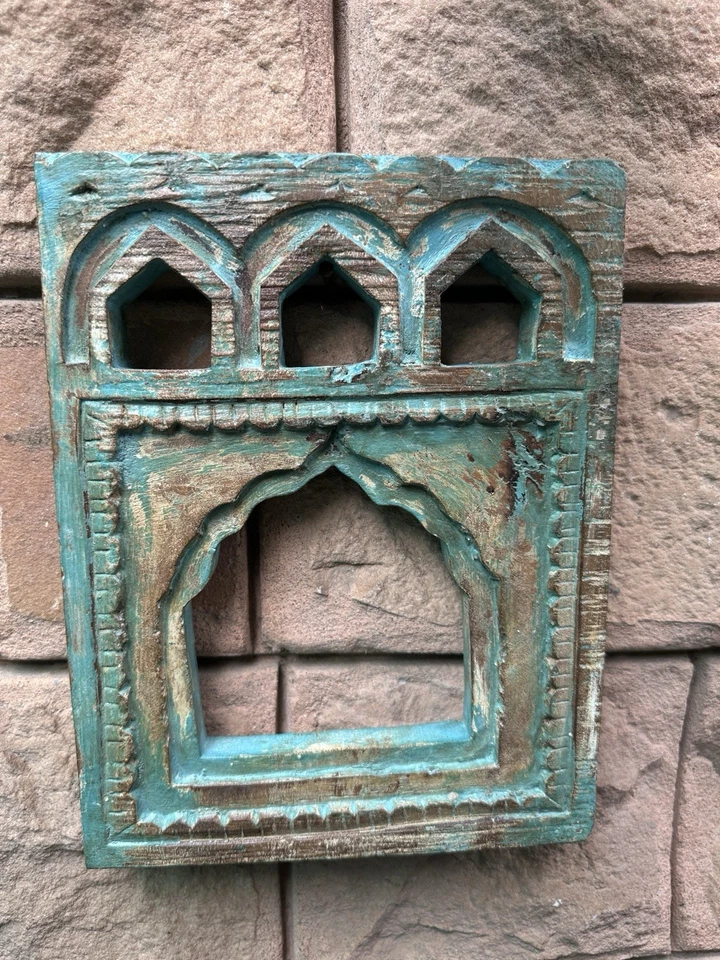 Marco de pared antiguo de madera tallado a mano rústico verde pintado arco marco de castillo Foto 2 de 4