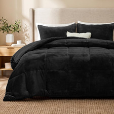 Flannel Queen Comforter Set, Plush Jacquard, Black