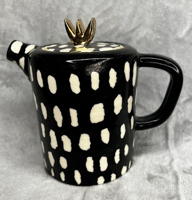 Susan Hanft 2022 Handmade Ceramic Teapot Black With White Ovals And Crown Lid