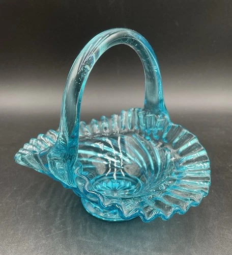 Vintage Fenton Aqua Blue Glass Basket w/Applied Handle, Swirl Pattern & Crimped