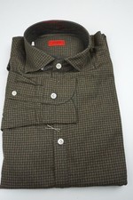 Isaia Napoli Brown Houndstooth Long Sleeve Cotton Dress Shirt 15.5/39 NEW