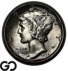 1936-S Mercury Dime, Frosty Solid Gem BU++ FSB, Full Split Bands, Toner
