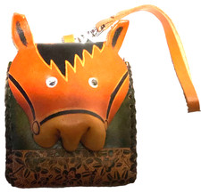 Horse Head Leather Wristlet Coin Purse Green Brown Floral Pouch Key Ring 3D