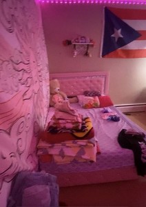Kids Bedroom 2-Piece Set: Pink Upholstered Bed & Mirrored Vanity