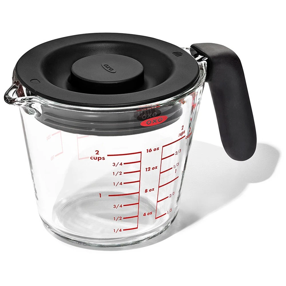OXO Good Grips 2 Cup Measuring Jug with Silicone Lid 500ml Glass Dishwasher Safe