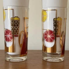 VTG MCM GAY FAD Glassware Set Of 2 SIGNED Highball Cocktail Glasses 24k Gold HTF