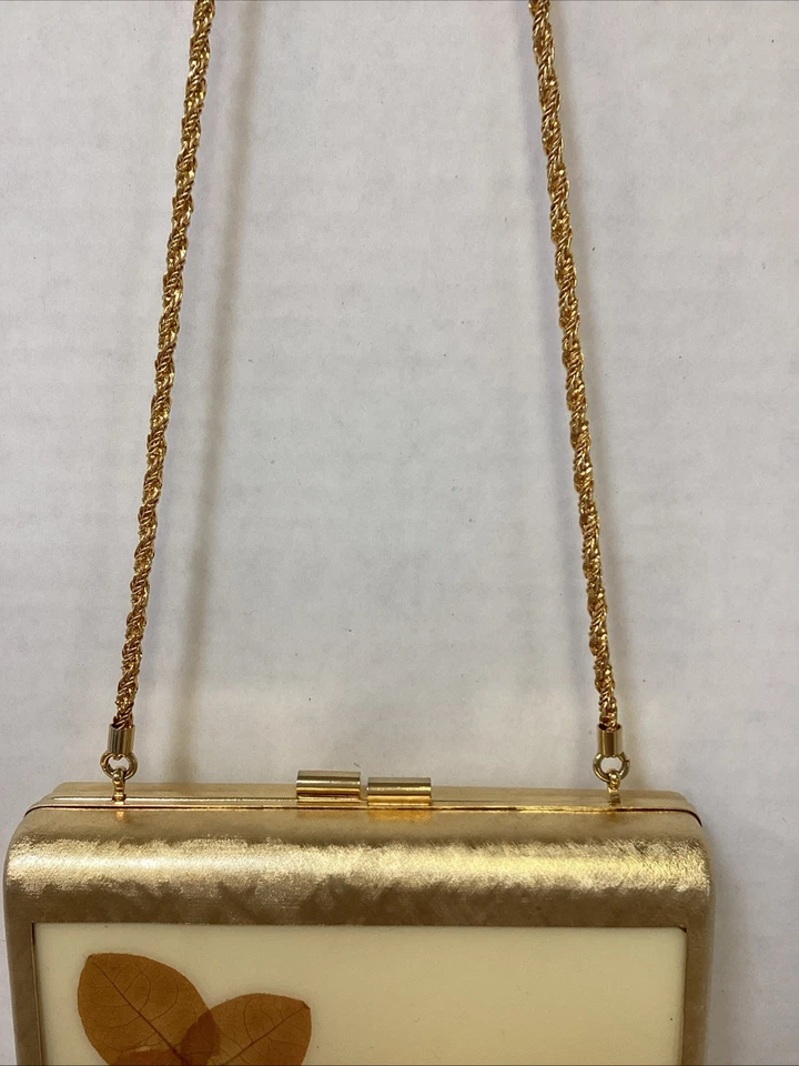 Bolso sin asas dorado dorado de colección ITALIA - Carcasa dura, marrón terciopelo forrado Bolso de noche Cartera Foto 3 de 4